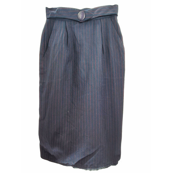 Notorious Vintage Pin Stripe Faux Belt Pockets Back Slit Zip Midi Straight Skirt - Picture 1 of 15